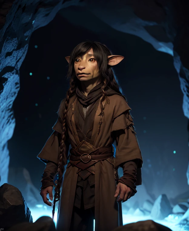 stonewood, gelfling, rian, upper body, old robes, random hairstyle, random hair colour, glowing cave with crystals, sidelit <lora:Gelfling_Clans_Dark_Crystal:1>