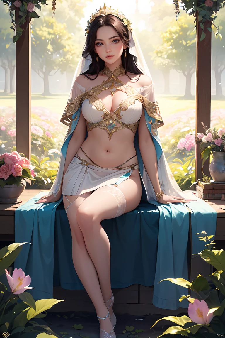 (((A photograph of a Viking enchantress. her ethereal beauty paired with a seductive pose. She reclines on a bed of petals within a hidden Viking garden. where the fragrance of blossoms mingles with the sea breeze. Her attire is a tapestry of allure and natural elegance. A gown adorned with intricate floral motifs embraces her form with captivating grace. A gossamer cloak drapes like a veil of morning mist. A skirt woven from petals and leaves adds a touch of enchanting fragility. The garden's serenity is bathed in the golden light of dawn. infusing the scene with an aura of magical tranquility. Captured by a compact mirrorless camera and a wide-angle lens. the image emanates an essence of captivating beauty,))),(masterpiece:1.2),(best quality:1.2),ultra high res, HDR,8k resolution, full body, feminine, beautiful, detailed skin, vibrant details, hyper-realistic, beautiful background, sexy perfect female figure, ray tracing, very detailed,very sexy clothes, sexy legs, viking stockings, The image emanates an aura of captivating seduction, erotic, little showing belly ,<lora:GoodHands-beta2:1>