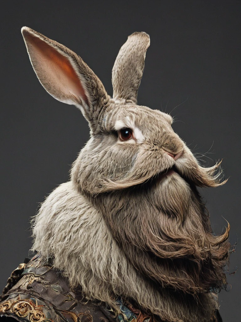 side-view, depiction of an epic bunny which is sporting a beard and mustache ready for battle, <lora:- SDXL - brdanmu_ beard_mustache_V1.0:.8>