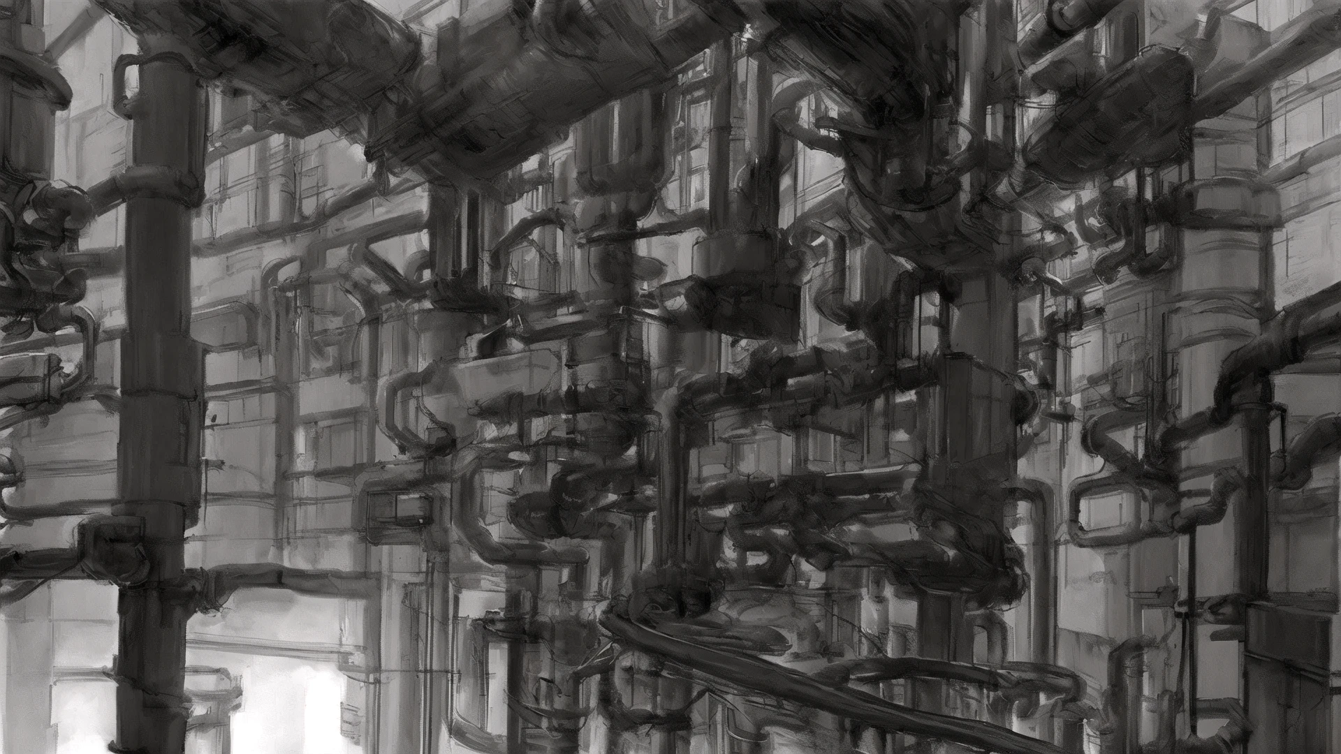 masterpiece, best quality, no humans, greyscale, building, industrial pipes, rendering, <lora:Blame8ep5r159i-000003:0.7>