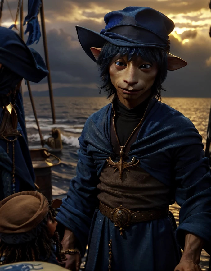 sifa, gelfling, older male, wearing lightblue robes, jewelry, hat,  half body, at the docks, stormy sea, holding a jar, puppet  <lora:GelflingsV2-000011:1>