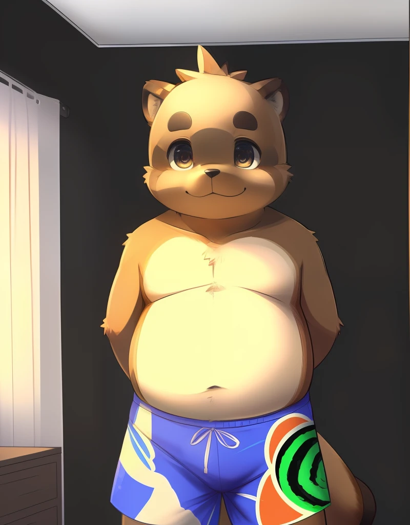 (((detailed eyes, detailed face))), (furry, kounosuke <lora:character_kounosuke_findigo_v2:1>, white belly, white chest, brown eyes), male, (solo), (plump, fat, chubby, overweight), (white briefs, white male underwear, topless), standing, (arms behind back), smile BREAK (konzaburou, ukan_muri), bedroom, (flat shading, flat color, high brightness), 8k, UHD, masterpiece, (full body)