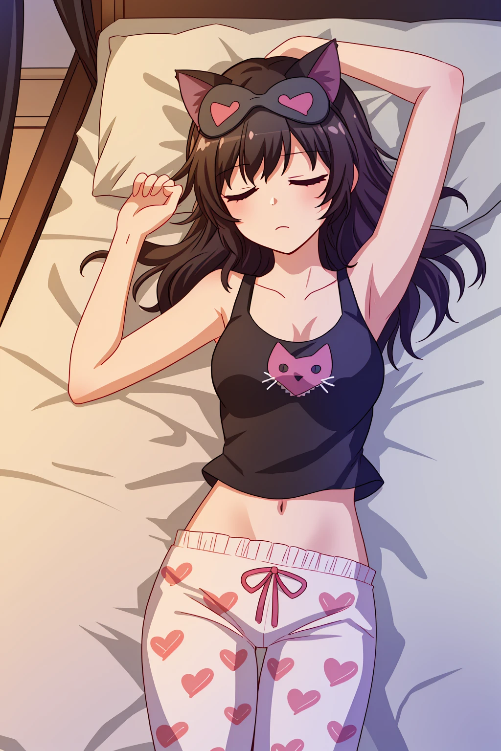 solo,<lora:RubyPajama-05:0.7>, jammiesrose, <lora:rwby_belladonna:0.4> blake belladonna, (cat ears),closed eyes,tank top, pajamas, (sleep mask), lying in bed, on back,