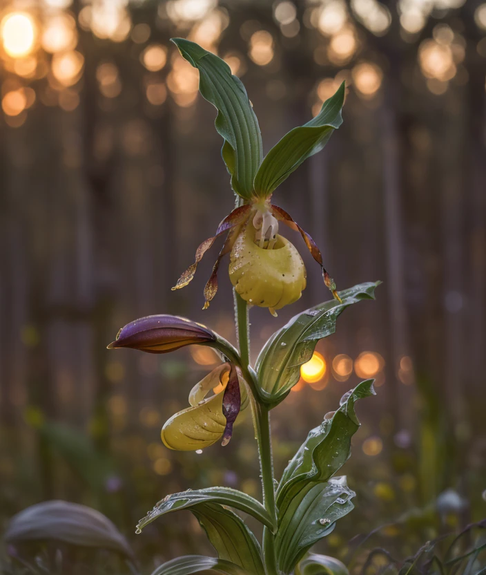 cyp3ca spectacular light, upper body, Ultra-HD-details, Low blur, warm light, dew drops, flower, blurry, no humans, depth of field, close portrait photo, Sunset, Flowering, trioplan 100mm ultra realistic 8k cg, masterpiece, professional artwork, cinematic lighting,Contained Color, Grass, forest