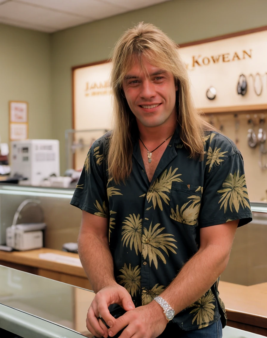 analog film photo  <lora:quiron_AndiDeris_v1_lora:0.97> AndiDerisQuiron man, long hair, a happy man wearing  hawaiian shirt,  depth of field, 80s style jewelry repair, A skilled jeweler at work behind the counter . faded film, desaturated, 35mm photo, grainy, vignette, vintage, Kodachrome, Lomography, stained, highly detailed, found footage