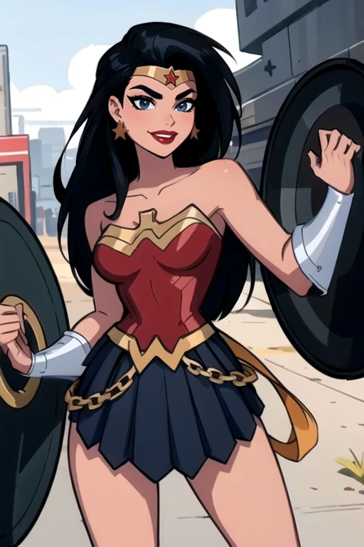 masterpiece,best quality,extreme detail,8k,<lora:wonder2:0.6>,wonderaction,1girl,solo,long hair,breasts,smile,skirt,black hair,holding,bare shoulders,jewelry,weapon,pleated skirt,earrings,star (symbol),strapless,tiara,shield,red lips,star earrings,superhero,holding shield,