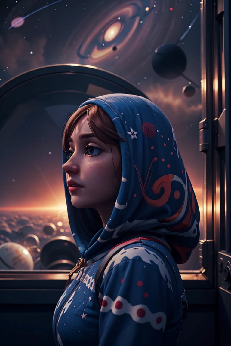 <lora:VRAMsOnesie:0.5>, vramsonsie, 1girl, solo, onsie, milky way, saturn, floating in space in the vast expanse of outer space, headshot, hood up, behind glass, three quarter view