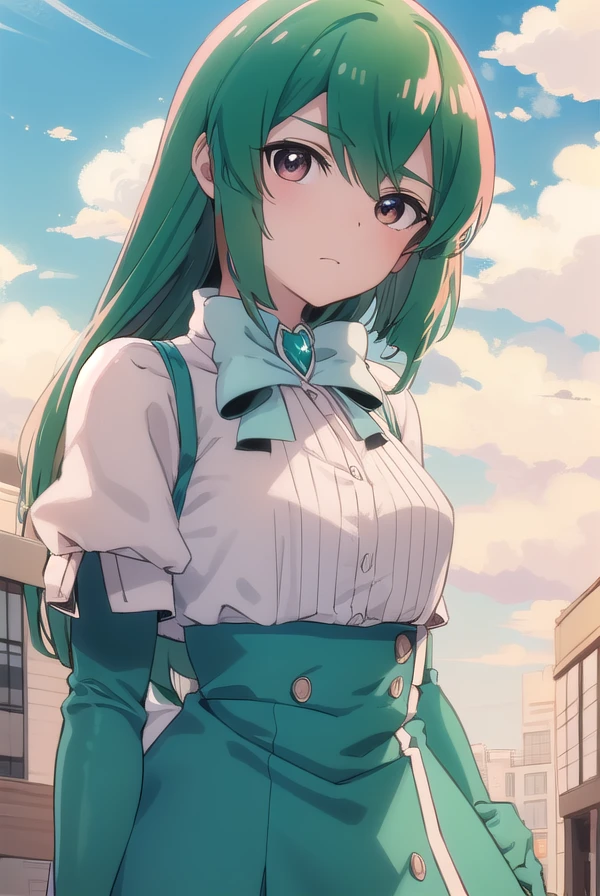 sayominakami, <lora:sayo minakami-lora-nochekaiser:1>,
sayo minakami, long hair, (brown eyes:1.5), bow, hair bow, (green hair:1.5),
BREAK skirt, gloves, boots, elbow gloves, magical girl, blue gloves,
BREAK outdoors, city, sky, sun, clouds,
BREAK looking at viewer, (cowboy shot:1.5),
BREAK <lyco:GoodHands-beta2:1>, (masterpiece:1.2), best quality, high resolution, unity 8k wallpaper, (illustration:0.8), (beautiful detailed eyes:1.6), extremely detailed face, perfect lighting, extremely detailed CG, (perfect hands, perfect anatomy),