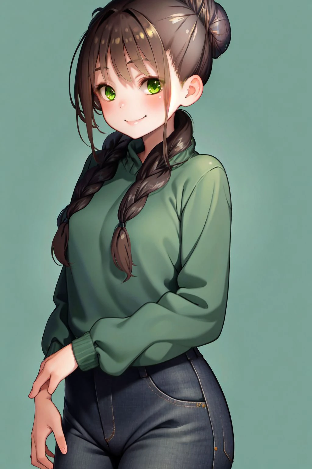 solo, 1girl, seductive smile, dark brown hair, braided bun, dark green eyes, blue clothes, cowboy shot, yellow background <lora:Kawakami_Masaki_style_v01.08:1>