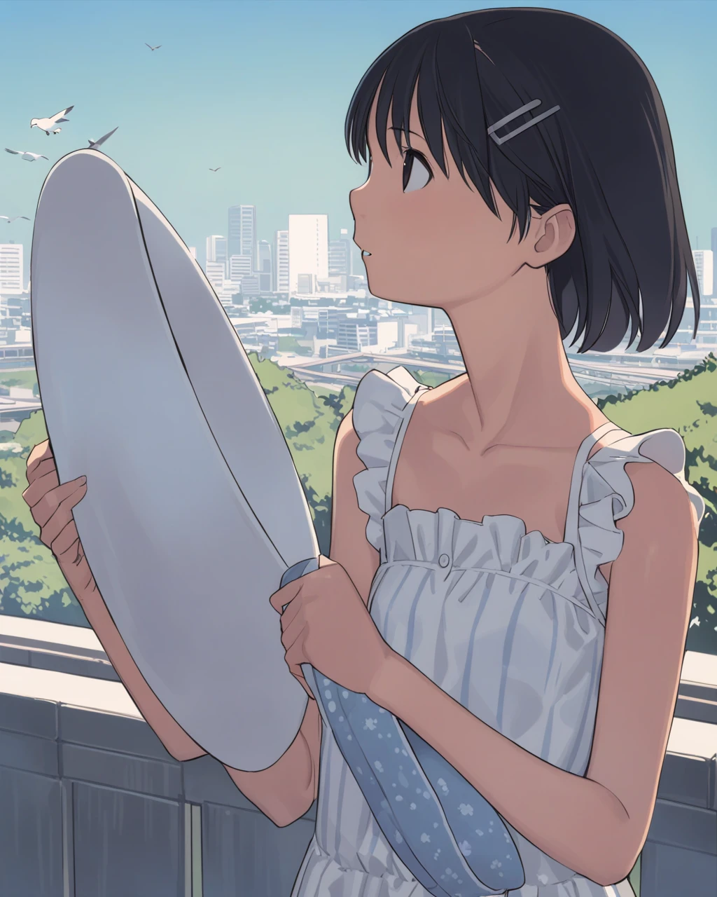 masterpiece, best qualityï¼
 <lora:col_xl:1>ï¼1girl, solo, hat, holding hat, black hair, hat removed, holding clothes, headwear removed, hair ornament, bird, outdoors, holding, black eyes, hairclip, sleeveless, upper body, profile, dress, looking away, short hair, sun hat, city, tree, looking afar, frills, child, brown eyes, shirt, building, collarbone, cityscape