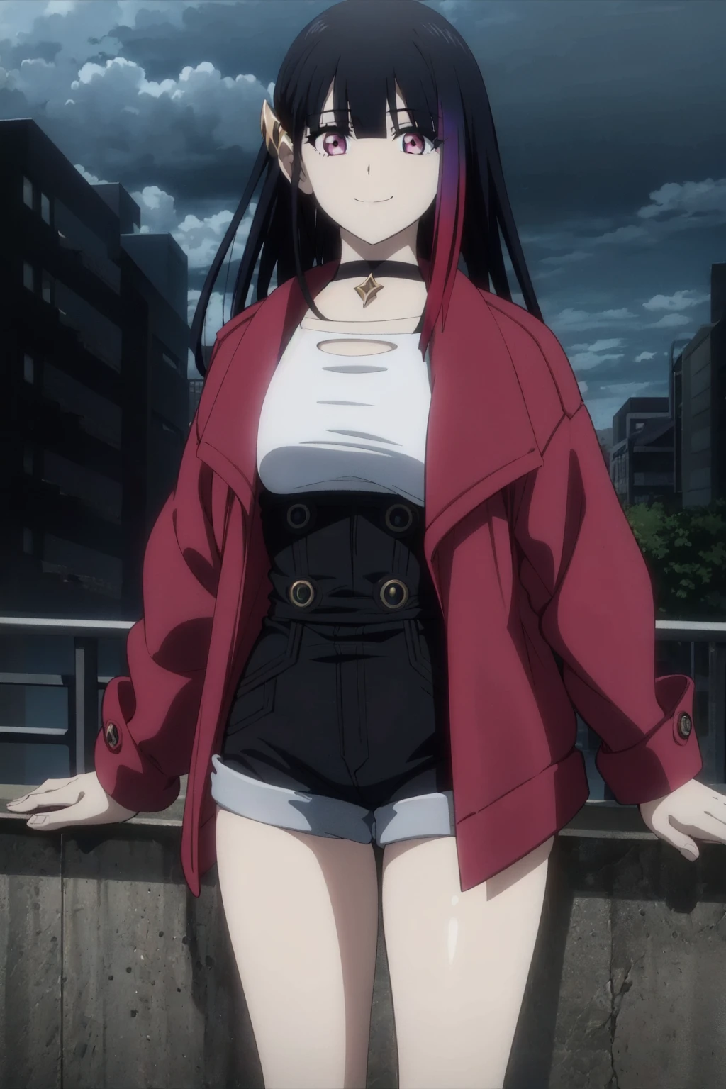 rouge redstar,1girl, black hair, solo, long hair, pink eyes, black overall shorts,white shirt,red coat,ear ornament, black choker, streaked hair, blunt bangs, long sleeves,buttons, looking at viewer,seductive smile, cowboy shot,(best quality, masterpiece),overcast,city,buildings,standing <lora:rougue_redstar_v1:1>
