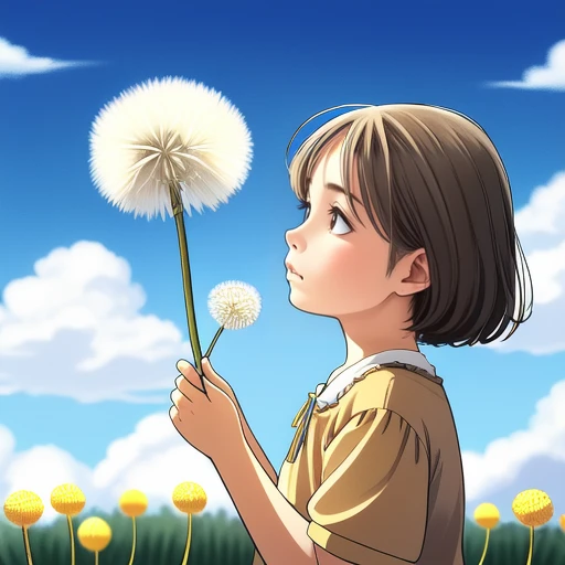 <lora:dandelion:0.5>, dandelion seed, 1girl ,blow, from side, old woman, holding, sky, cloud