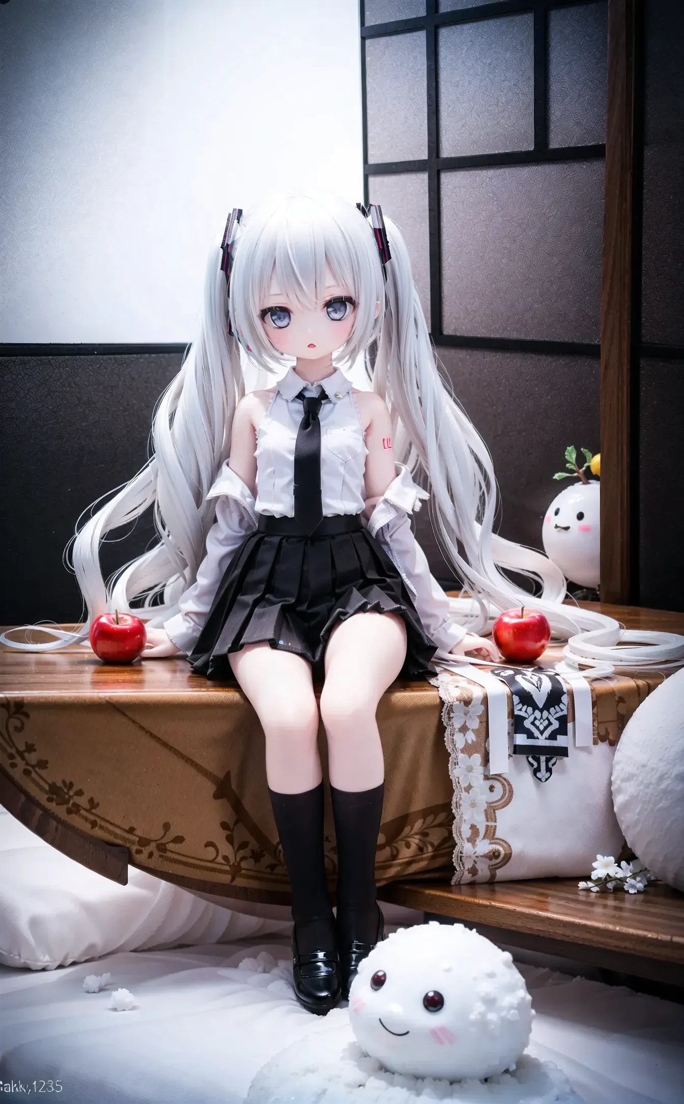 (cowboy shot,very long hair,4349:1),<lora:lora_1230c:0.25>,1girl,long_hair,solo,skirt,thigh_boots,food,fruit,very_long_hair,sitting,boots,holding,holding_food,black_footwear,shirt,black_skirt,necktie,hatsune_miku,snow,snowman,looking_at_viewer,white_thighhighs,branch,apple,white_hair,sleeveless,bangs,grey_eyes,flower,