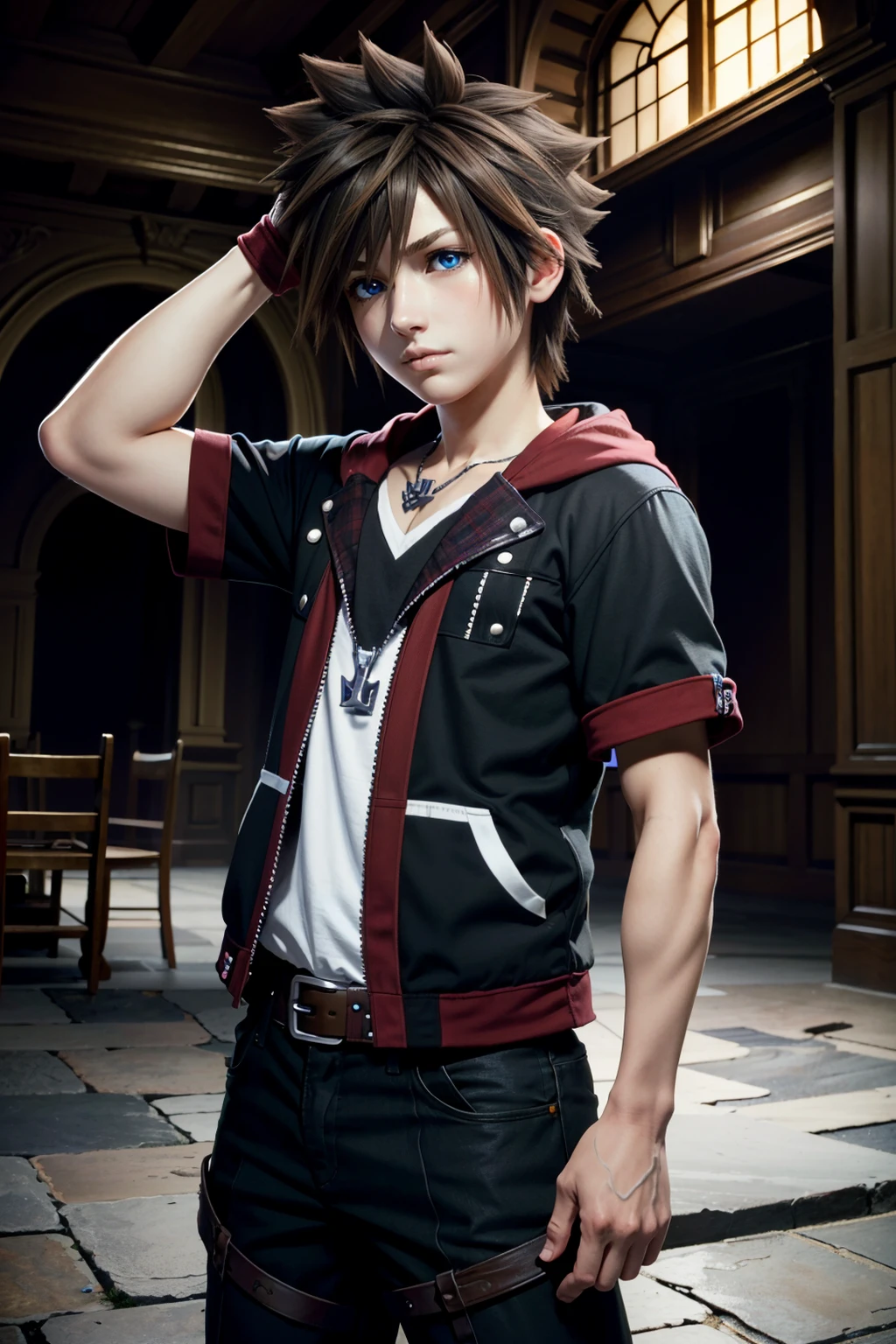((ultra detailed, masterpiece, absurdres))
<lora:KHSora:0.9>
KHSora, 1boy, solo, brown hair, blue eyes, spiked hair, cowboy shot