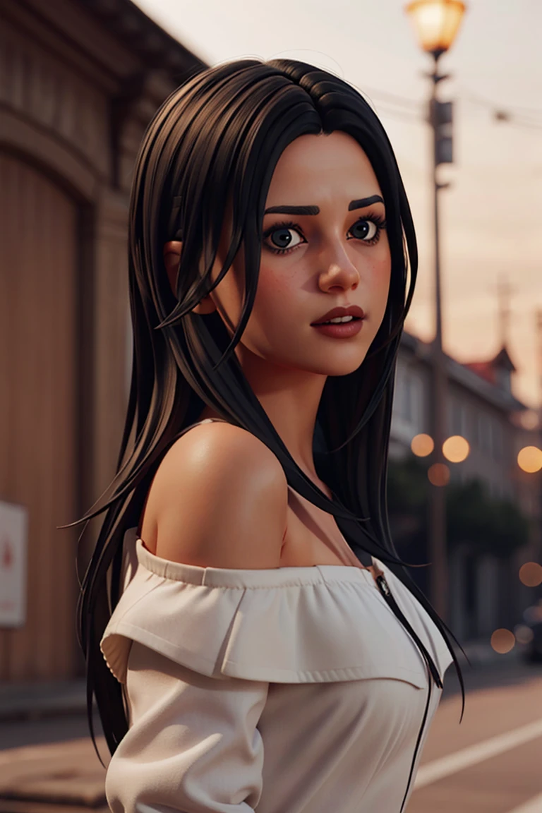 <lora:VRAMsPandaTeamLeader3:0.6>,vramsptl, 1girl, long hair, simple background, blurry background, bokeh, puffy jacket, off shoulder, closeup, cgi, cinematic, parted lips, three quarter view, undershirt