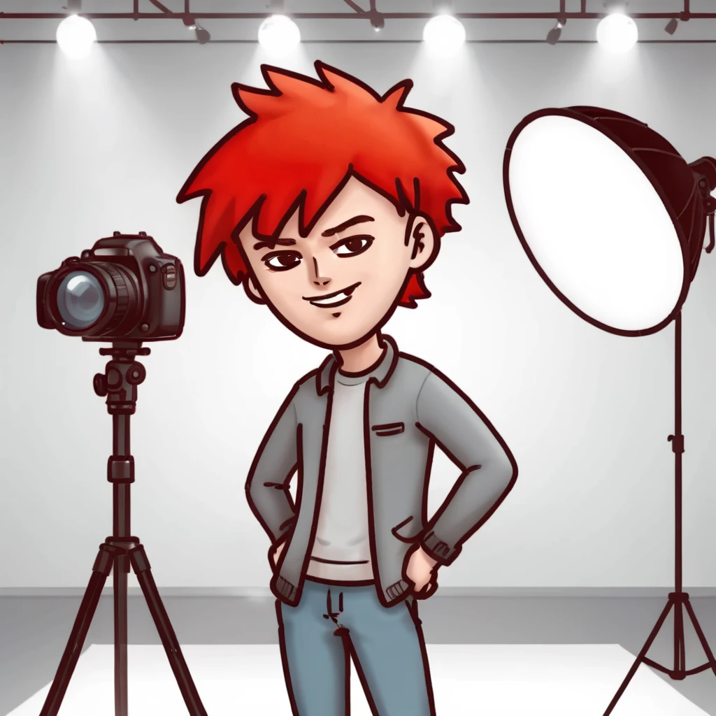 Cartoon style, a male character striking a cool pose in a photo studio. The character is confidently smiling, with stylish hair and trendy clothing. The studio background includes professional lighting equipment and a camera on a tripod, with a white backdrop. Emphasize bright colors and exaggerated, lively expressions typical of cartoons,red hair<lora:oniman:0.85>