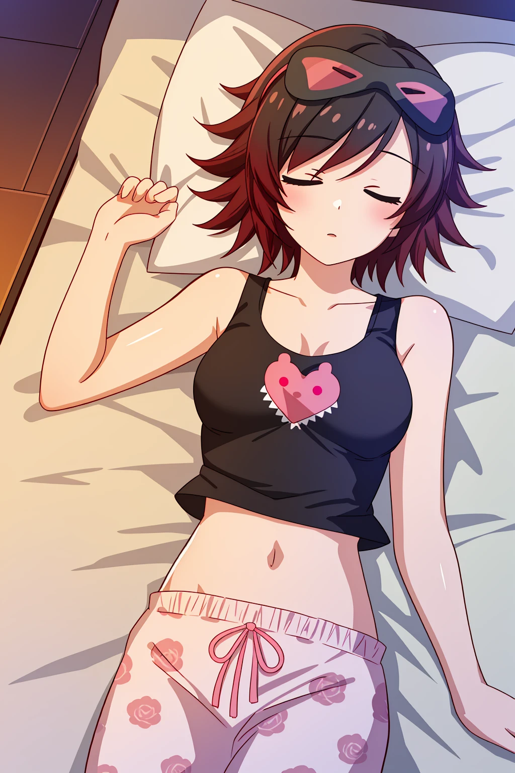 solo,<lora:RubyPajama-05:0.7>, jammiesrose, ruby rose, closed eyes, black hair, gradient hair,tank top, pajamas, (sleep mask), lying in bed, on back,