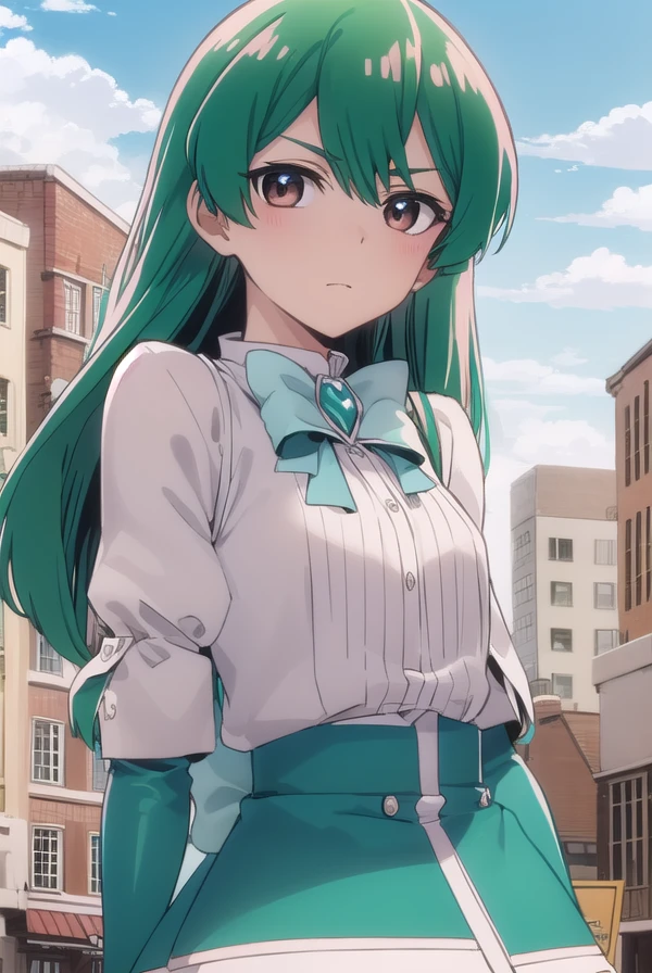 sayominakami, <lora:sayo minakami-lora-nochekaiser:1>,
sayo minakami, long hair, (brown eyes:1.5), bow, hair bow, (green hair:1.5),
BREAK skirt, gloves, boots, elbow gloves, magical girl, blue gloves,
BREAK outdoors, city, sky, sun, clouds,
BREAK looking at viewer, (cowboy shot:1.5),
BREAK <lyco:GoodHands-beta2:1>, (masterpiece:1.2), best quality, high resolution, unity 8k wallpaper, (illustration:0.8), (beautiful detailed eyes:1.6), extremely detailed face, perfect lighting, extremely detailed CG, (perfect hands, perfect anatomy),