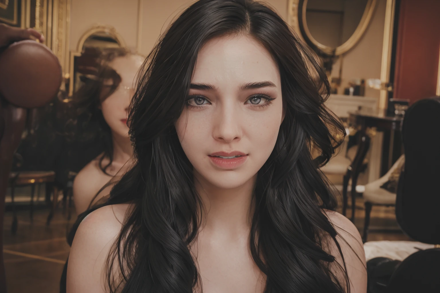 <lora:detail_slider_v4:1> (((round face))), black hair, long voluminous hair, makeup, (((full lips))), (pouty lips), perfect eyes, smile, detailed skin texture, (blush:0.5), (goosebumps:0.5), subsurface scattering, masterpiece, award-winning, professional, highly detailed, ((micro headshot)), (in frame), 1girl, ((bokeh:0.4)), gold decorated frames, at a mansion, ethereal expanse of dreams, wide aperture, classic noir cinematography, realistic human hands
