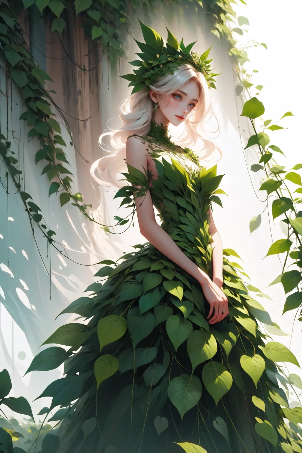 <lora:wrenchleafloom:1>, wrenchleafloom, 1girl, gown, (simple background, white background:1.1), light smile, white hair, long hair, pointy ears, blue eyes, tiara,