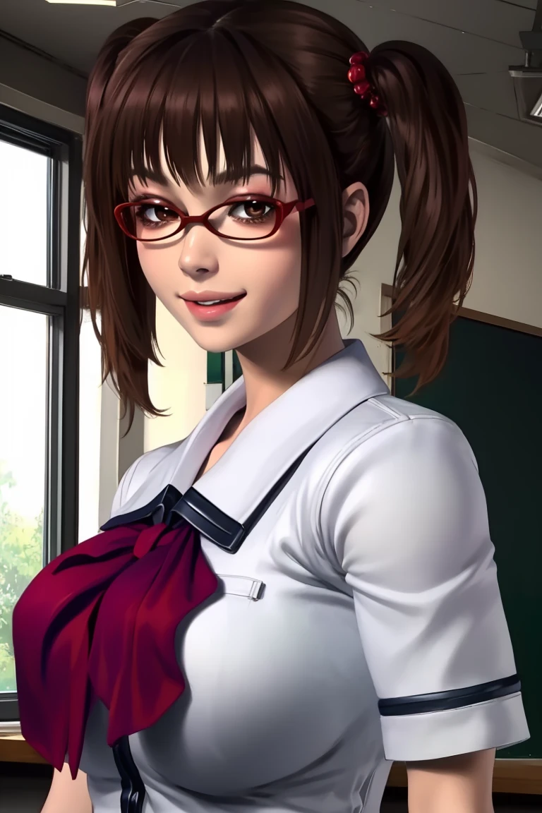 Manami,brown hair,brown eyes,twintails,red glasses,
school uniform,red neckerchief,  
standing,upper body,smile,
classroom,dim lighting,
(insanely detailed, beautiful detailed face, masterpiece, best quality) solo,<lora:ManamiKinoshita:0.8>,