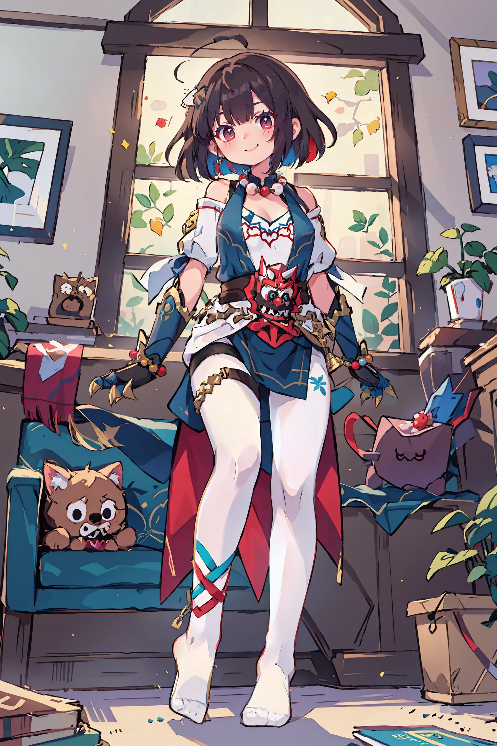 1girl, xueyi \(honkai: star rail\), looking at viewer, tabard, clawed gauntlets, bead necklace, white pantyhose, off-shoulder shirt, pelvic curtain, high belt, shawl, thigh strap, soles, from below, on couch, windows, living room, foot focus, no shoes, ecstasy, seductive smile <lora:face-sensualface_type4:0.8>, masterpiece