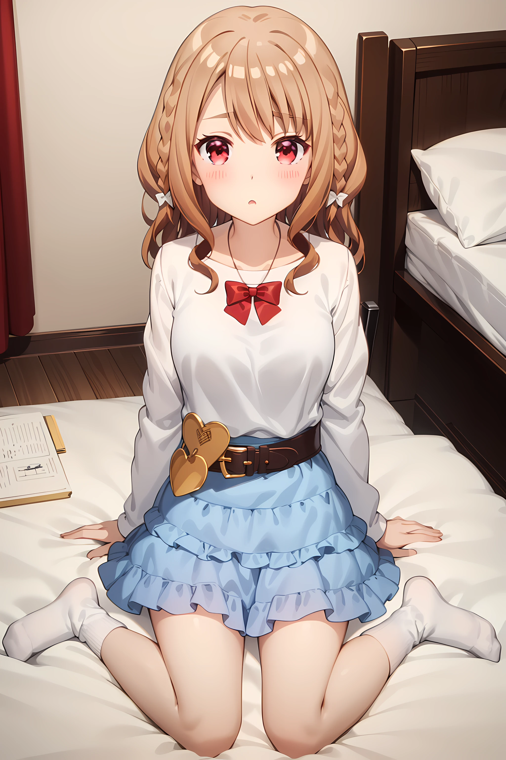 best quality, masterpiece, detailed,
<lora:ImoutoSaeIrebaIi_ShirakawaMiyako:0.9>, ShirakawaMiyako,
solo, closed mouth, blush, :o,
brown hair, long hair, wavy hair, red eyes, white bow, braid,
MiyakoDress, white shirt, red bow, long sleeves, belt, (blue skirt:1.2), frills, socks,
wariza, looking at viewer,
on bed
