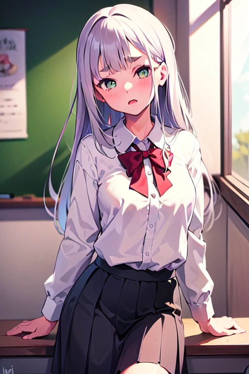 (masterpiece), (absurdres), (solo), (1girl), pickle eyebrows, raised eyebrow, confused, looking at viewer, cowboy shot, school uniform, head tilt, chestnut mouth, long hair, green eyes, hairclip, classroom, <lora:PickleEyebrowsv01-02:1>
