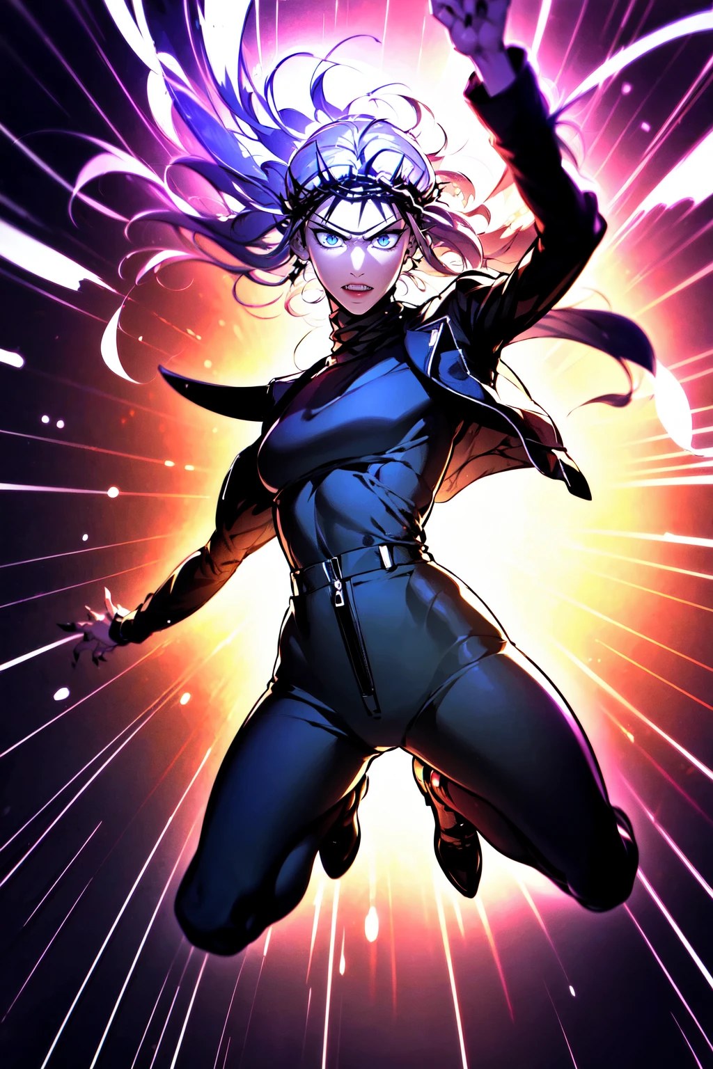 ((full body, a woman jumping, dynamic attack pose))<lora:HayanVampireLoRA:1> 1girl, blue slit pupils, long white hair, white skin, fangs, blue glowing eyes, turtleneck, black nails, leather jacket, crown of thorns, high-waist pants, beautiful eyes, beautiful girl, high detail skin, high detail eyes, high detail hair, highres, ultra detailed, sharpen picture, Highly detailed, masterpiece, best quality, photorealistic, very angry