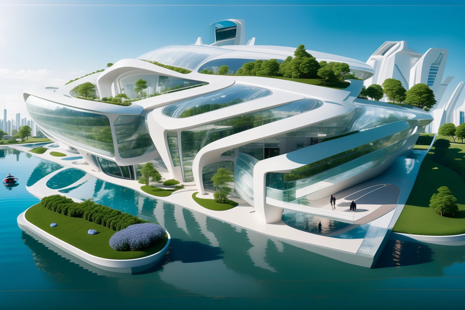 (masterpiece),(high quality), best quality, real,(realistic), super detailed, (full detail),(4k),8k,scenery, sky, outdoors, day, building, water, blue sky, river, boat, reflection, flower,tree,bush,grass, aircraft,
((Futurism)), Building,
<lora:JJsFuturismBuilding:1>