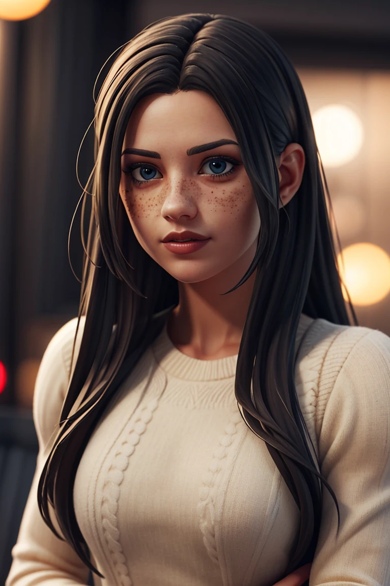 <lora:VRAMsPandaTeamLeader:0.5>,vramsptl, 1girl, solo, long hair, simple background, blurry background, freckles, bokeh, jumper, fuzzy, closeup, sleeves, dim light