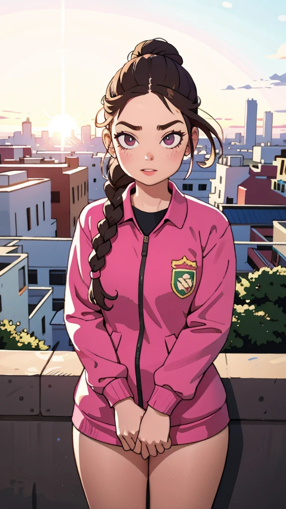 close-up photography of female, scared, athletic body type, (looking at viewer:1.3) BREAK fuchsia acrylic uniform BREAK (sage braided updo hair:1.2) BREAK urban skyline in background, in golden hour