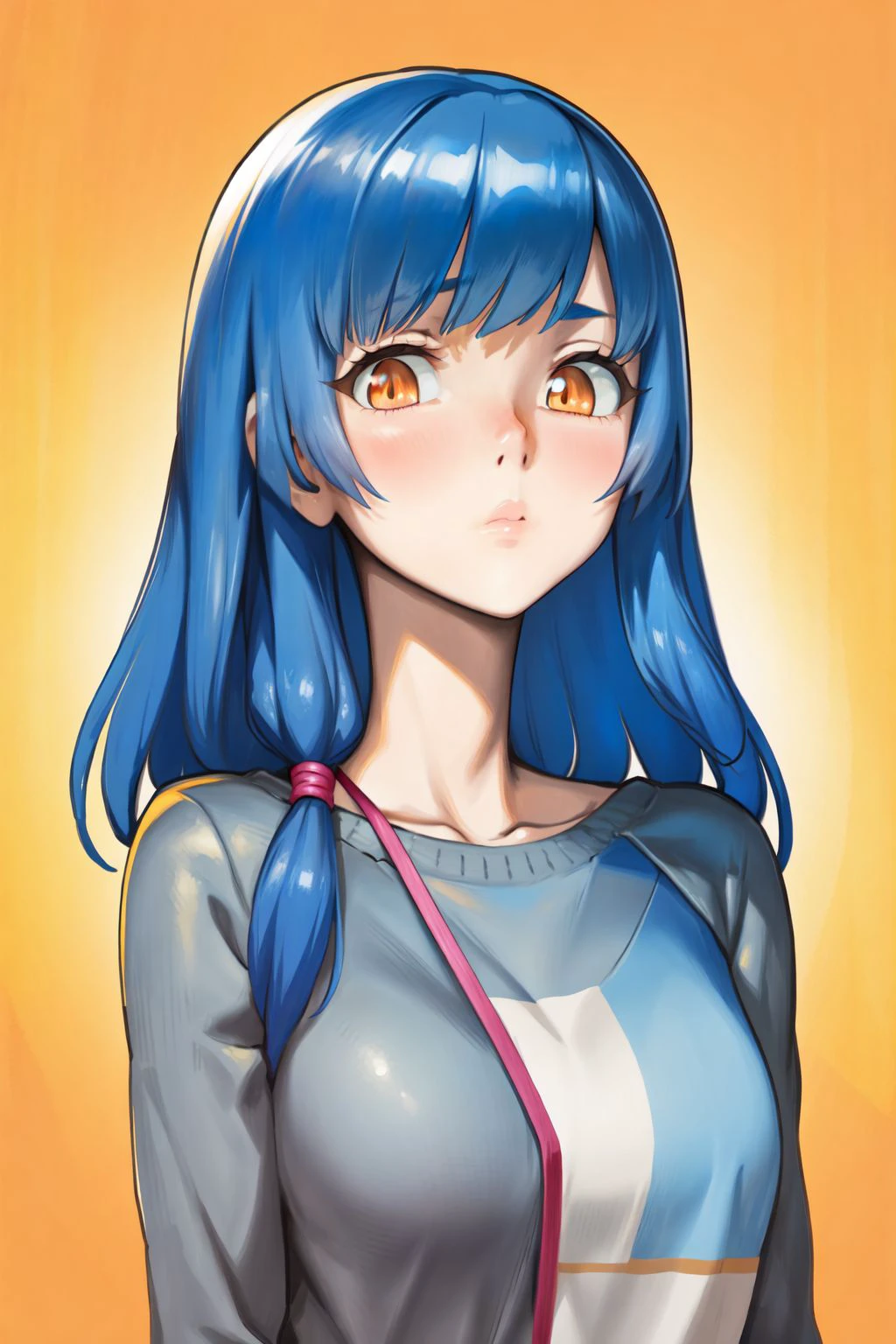 solo, 1girl, whiskers, blue hair, asymmetrical sidelocks, orange eyes, light grey clothes, portrait, mosaic background <lora:Nonco_style_v01.08.08.01:1>