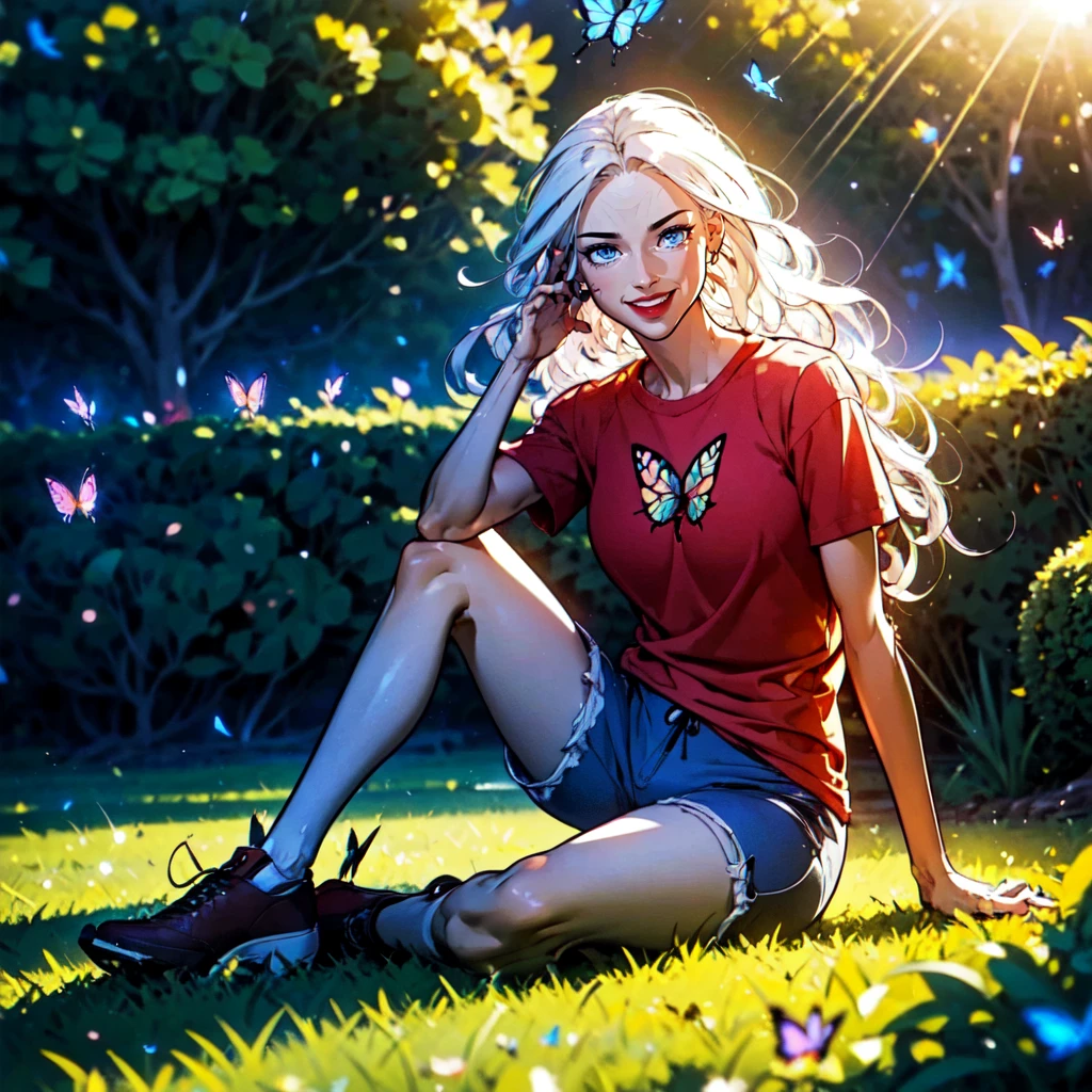 ((full body, a woman sitting in a garden, butterflies, birds, sun rays))<lora:HayanVampireLoRA:1> 1girl, blue slit pupils, long white hair, red tshirt, red boxing shorts black nails, beautiful eyes, beautiful girl, high detail skin, high detail eyes, high detail hair, highres, ultra detailed, sharpen picture, Highly detailed, masterpiece, best quality, photorealistic, smile