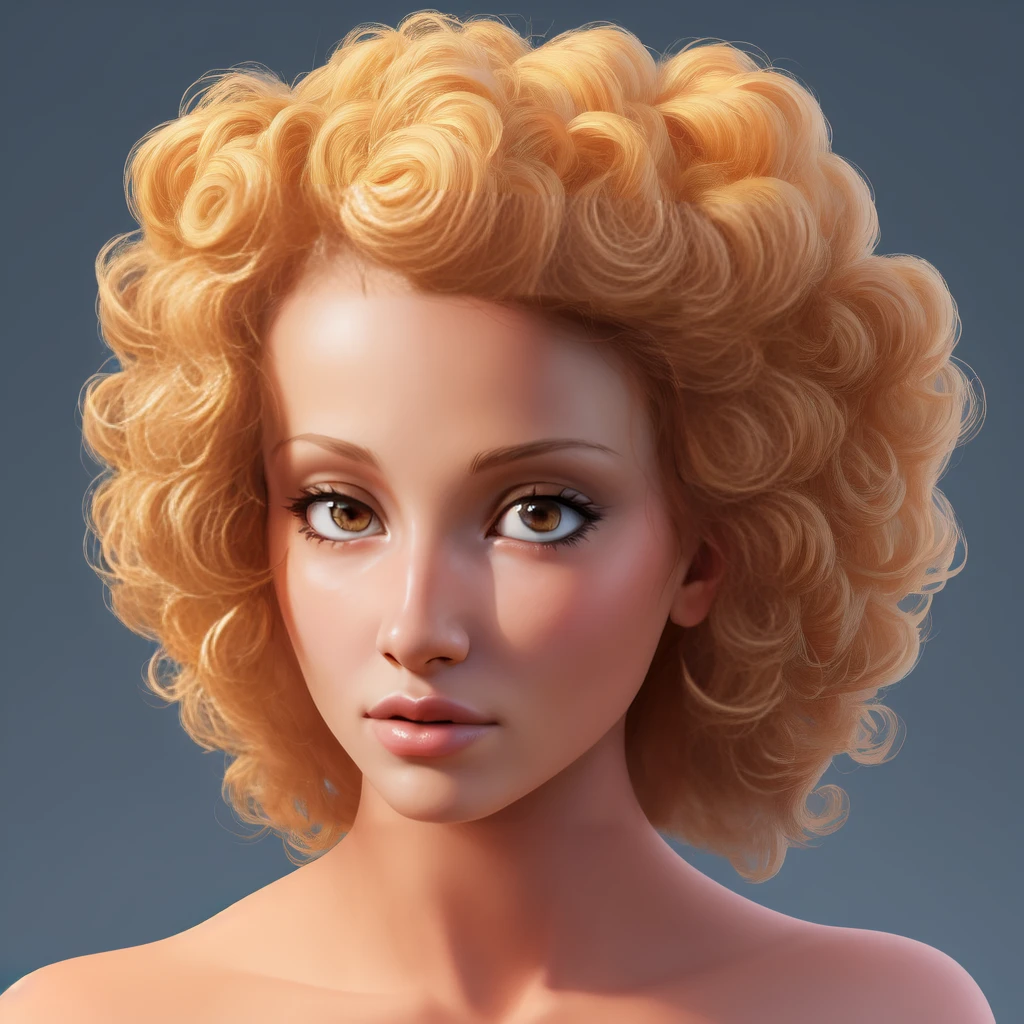 rogaine, human, female, curly, blonde, simple background, highres<lora:Rogaine:0.6>, hair