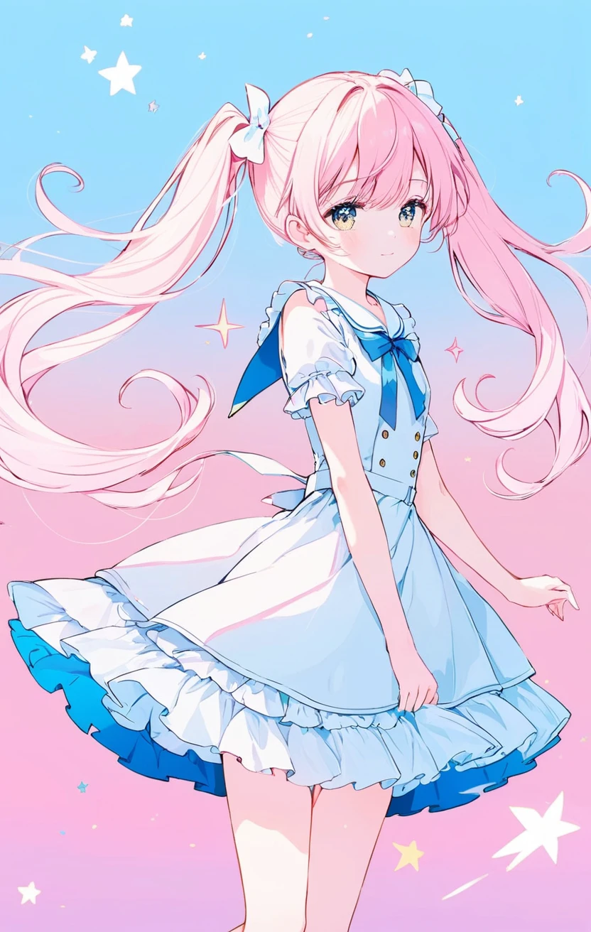 frilled dress, 1girl, magical girl, twintails, wind, floating hair, pastel colors, long hair, gradient background, masterpiece, best quality