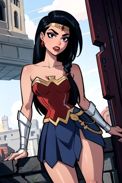 masterpiece,best quality,extreme detail,8k,<lora:wonder2:0.6>, wonderaction, 1girl, solo, long hair, breasts, skirt, black hair, bare shoulders, jewelry, medium breasts, earrings, teeth, armor, black eyes, blue skirt, strapless, parody, red lips, forehead jewel, pillar