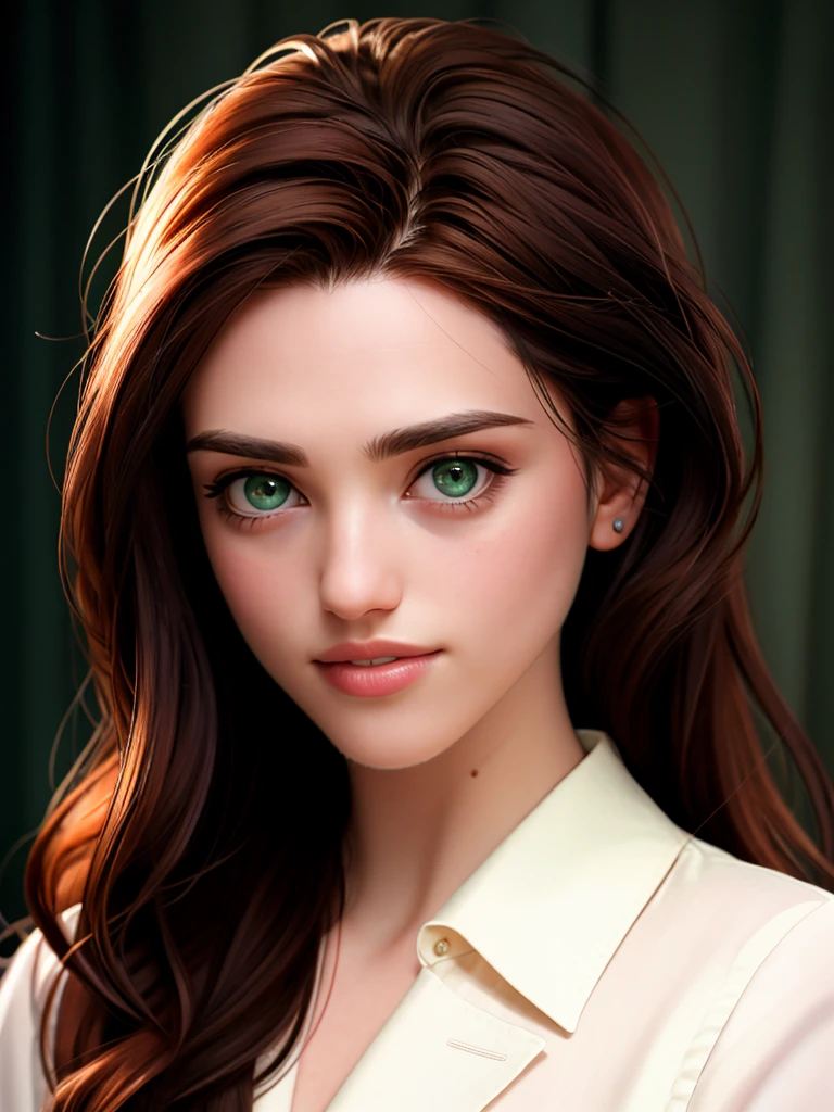 Realistic photo of a beautiful k4t13m woman, 1girl,solo,long hair,looking at viewer,brown hair,green eyes,parted lips,teeth,mole,lips,portrait,realistic,nose,mole on cheek, soft lighting, professional Photography, Photorealistic, detailed, RAW, analog, sharp focus, 8k, HD, high quality, masterpiece<lora:k4t13m:1.0>