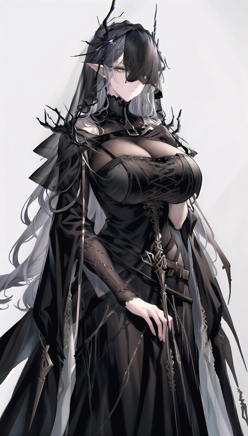 grey-hairstyle, veil over eyes, horns,yellow eyes,grey hair, 
outfit-black layered dress, black cloak, 
lady,mature female,
cowboy shot,
(white background, simple background:1.08),
highres,official art,original,masterpiece,best quality,
(huge breasts),
 <lora:logos mother5 cz:0.61>