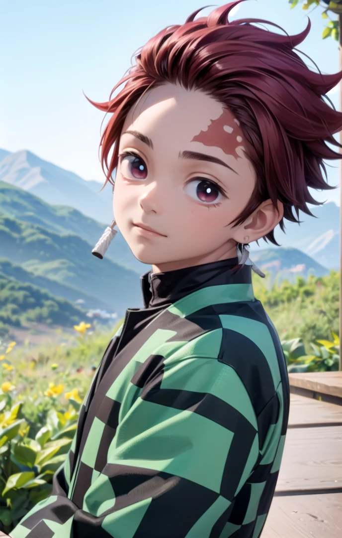 (one -yeld bo.2),(male face details:1.2),more details in eyes,cute,looking at viewer, face,details sky,handsome,young,juvenile,((masterpiece:1.4,best quality)),multiple details, eyeshadow,sfw, full shot, green valley,
<lora:Tanjiro:0.7> (TANJIRO), (ORIGINALOUTFIT), (SCAR,SCAR ON FOREHEAD, CHECKERED CLOTHES, 1BOY, RED HAIR),<lora:add_detail:0.2>, green and black clothes, high res, ultra detailed character,