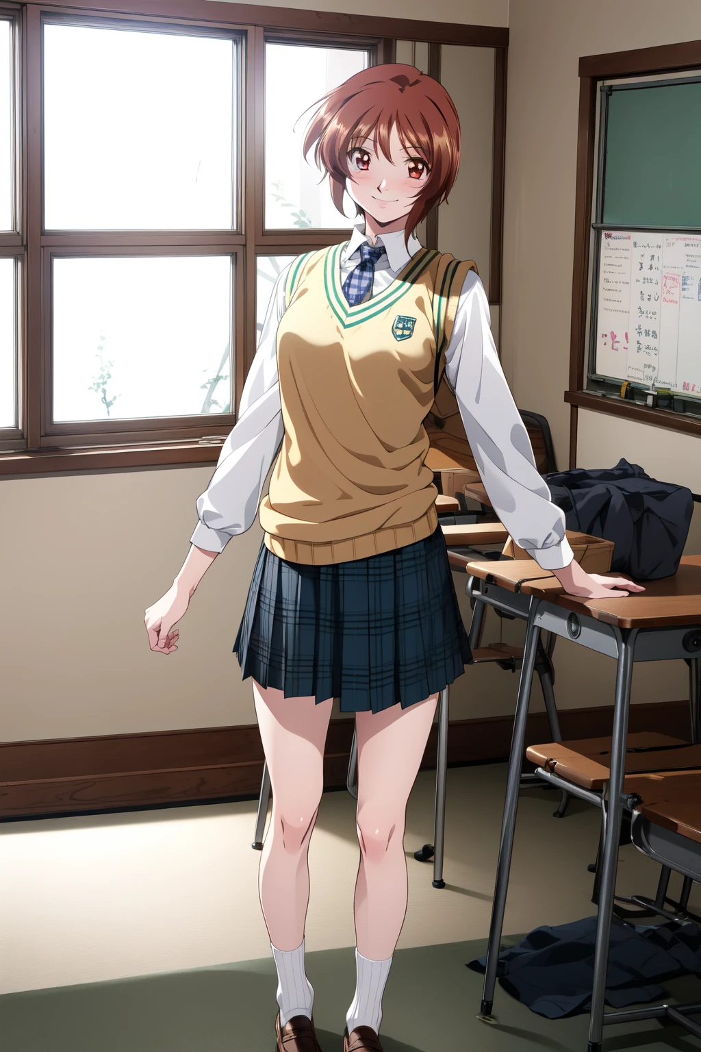 (RAW photo, best quality), 1girl,  natural lighting, solo, smile,
 <lora:innai_kansen_kuramoto_chihaya_v2_2-000003:1>, kuramoto chihaya, school uniform, plaid skirt, loafer, loose socks, sweater vest,