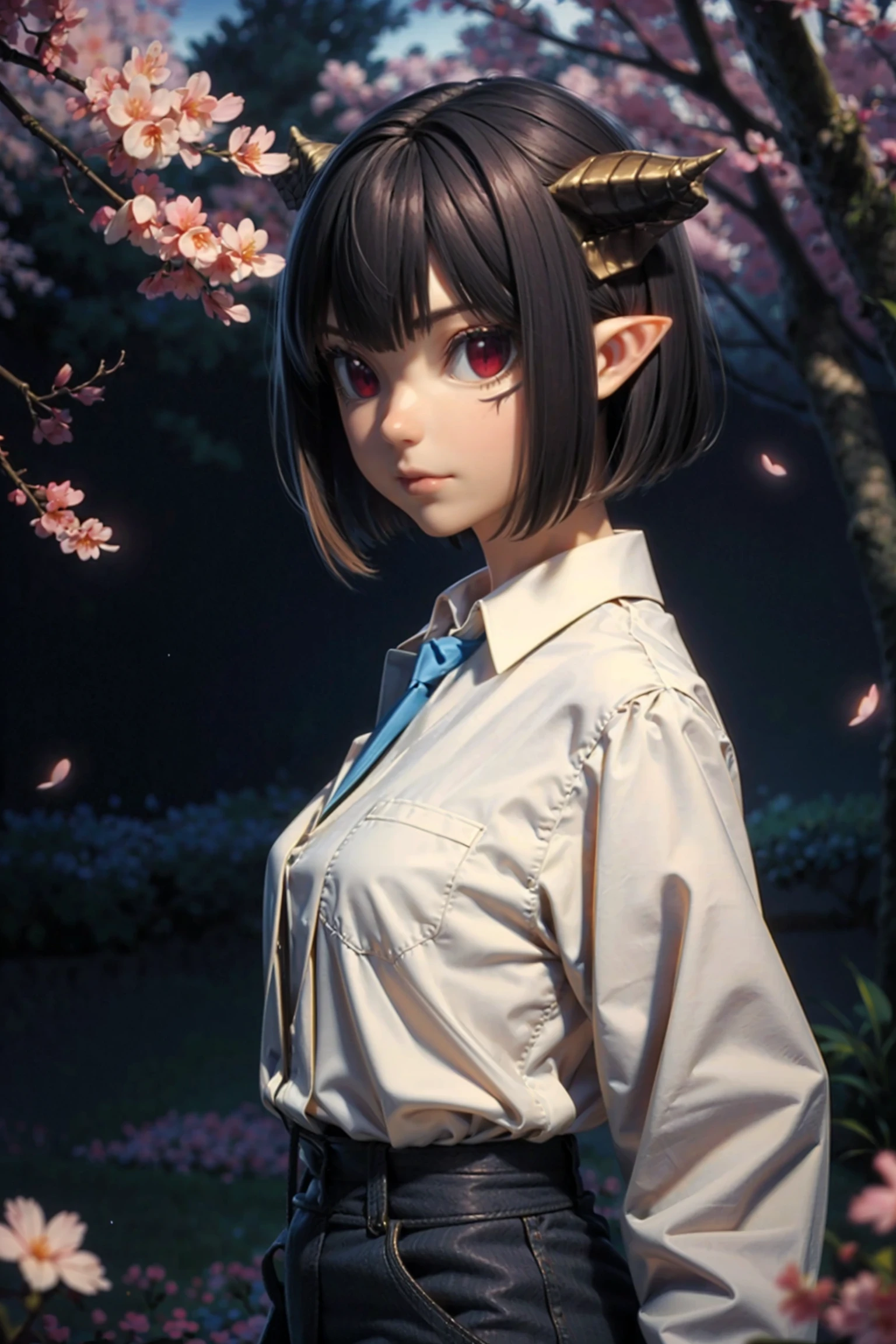(masterpiece, best quality:1.2), highres, best illustration, 8k wallpaper, (Traditional Media), (2d:1.2), wide shot, (dynamic angle:1.1), , outline, ((thick lineart)), cover, stylish, official art, (details:1.2), (fantasy), garden, (bloom:1.1), glow:0.2, shadow, nature, cherry blossoms, particles, (depth of field), sharp focus, (volumetric lighting), (bokeh:0.6), film grain:0.4, day, (soft lighting:1.1), gummn, demon girl, demon horns, red eyes, black hair, short hair, pointy ears, white shirt, collared shirt, looking at viewer <lora:Himesama_Goumon_00_01:1.0>