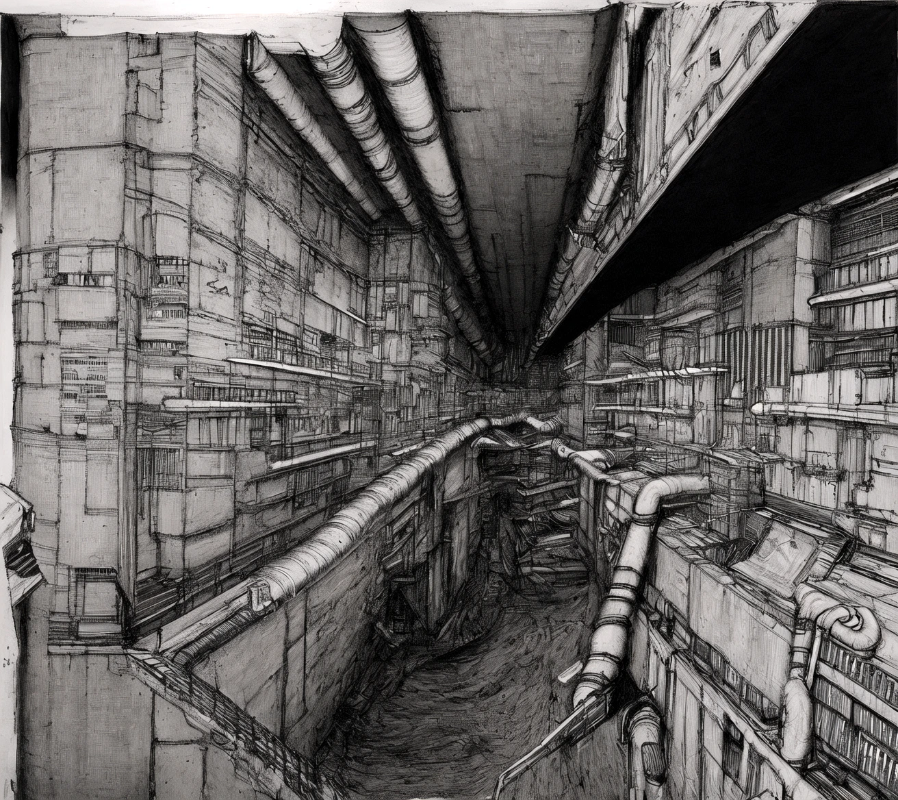 masterpiece, best quality, no humans, greyscale, building, industrial pipes, rendering, traditional media, scenery, <lora:Blame8ep5r159i-000005:0.7>