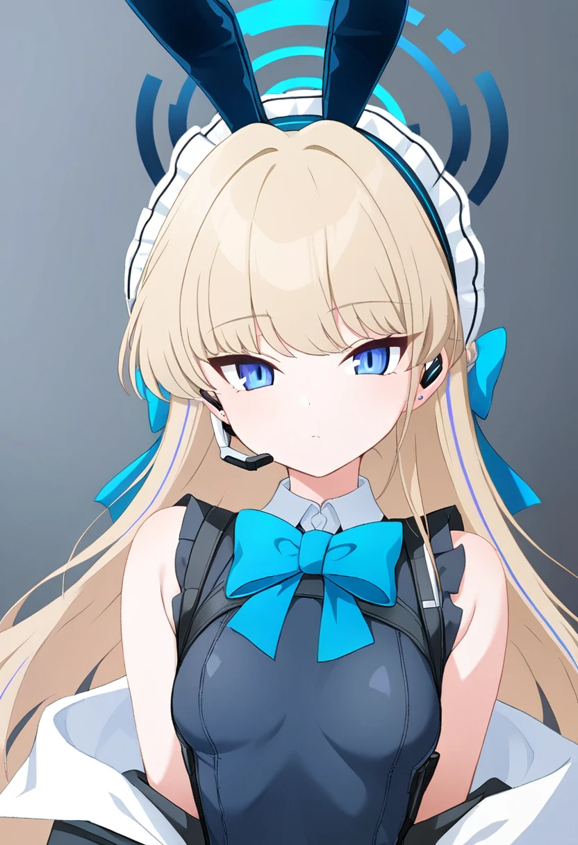 1girl, upper body, toki blue archive, blonde long hair, blue eyes, halo, fake rabbit ears, leotard