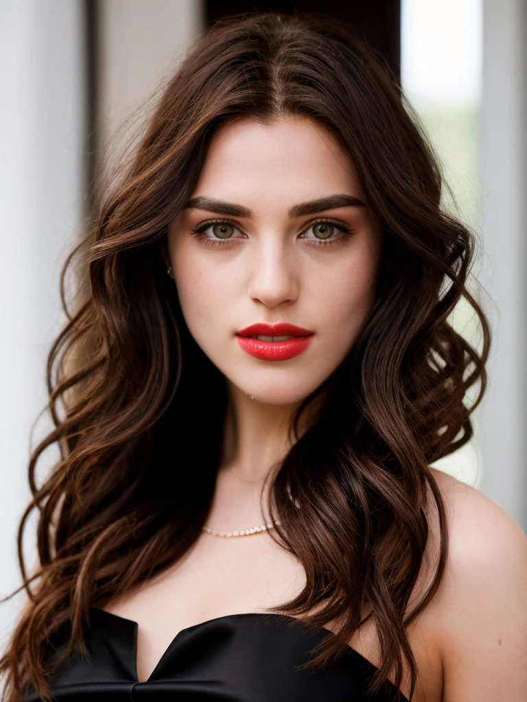 Realistic photo of a beautiful k4t13m woman, 1girl,solo,long hair,breasts,brown hair,black hair,dress,bare shoulders,jewelry,parted lips,sleeveless,necklace,mole,blurry,lips,mole under eye,sleeveless dress,blurry background,red dress,realistic,red lips,mole on cheek, soft lighting, professional Photography, Photorealistic, detailed, RAW, analog, sharp focus, 8k, HD, high quality, masterpiece<lora:k4t13m:1.0>