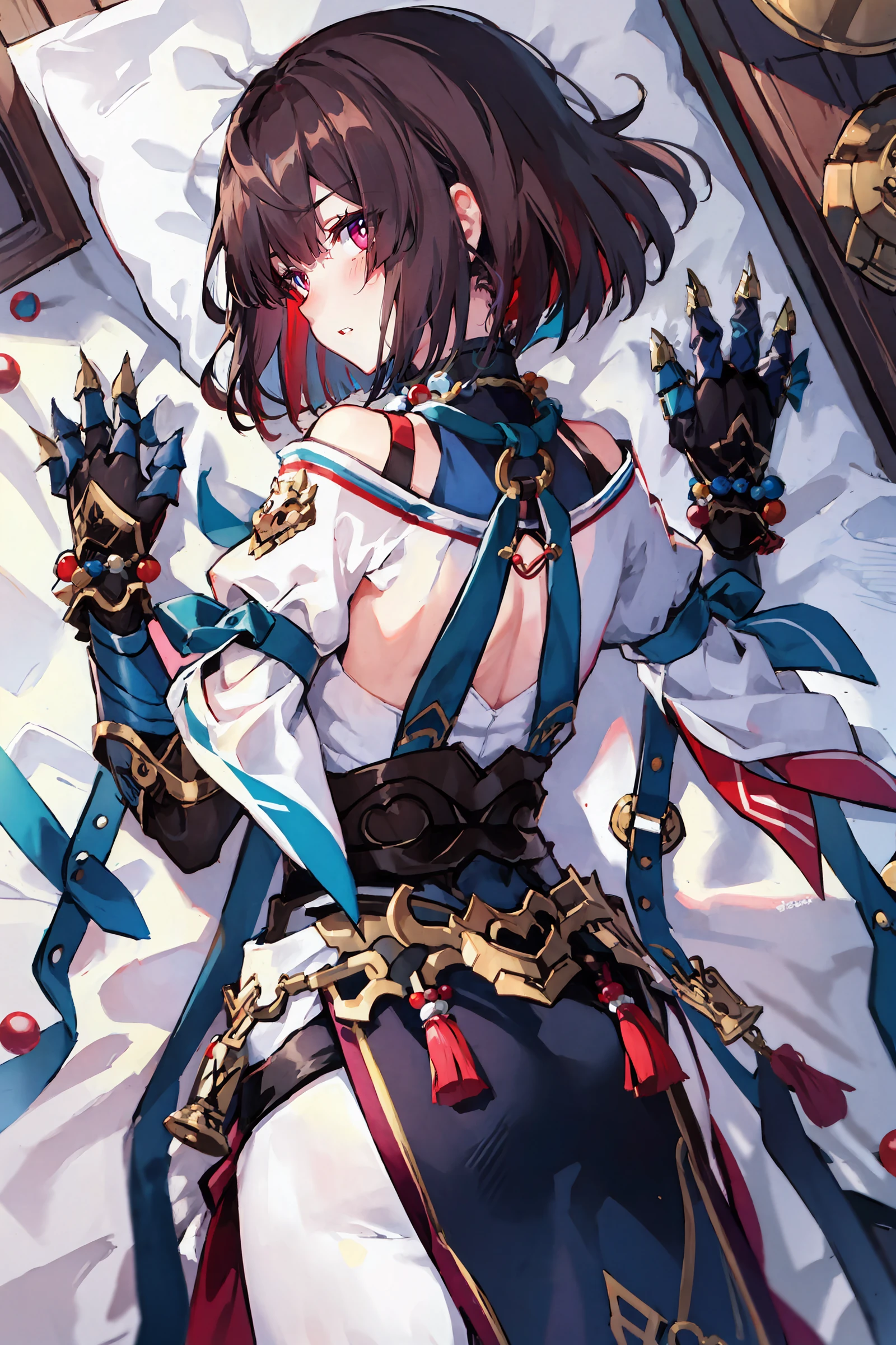 1girl, xueyi \(honkai: star rail\), looking at viewer, tabard, clawed gauntlets, bead necklace, white pantyhose, off-shoulder shirt, pelvic curtain, high belt, shawl, thigh strap, lying, bed sheet, looking at viewer, facing away, blush, parted lips, hands up, masterpiece