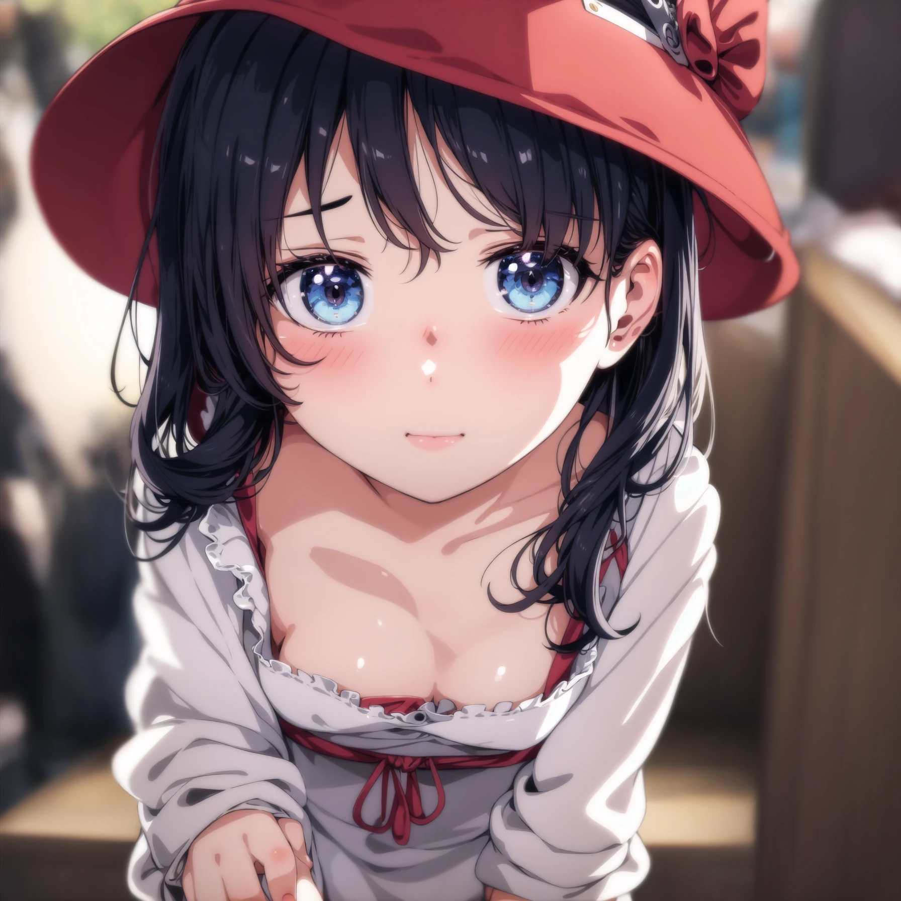 ogipote, 1girl, blurry foreground, (close-up), closed mouth, blue eyes, cleavage, small breasts