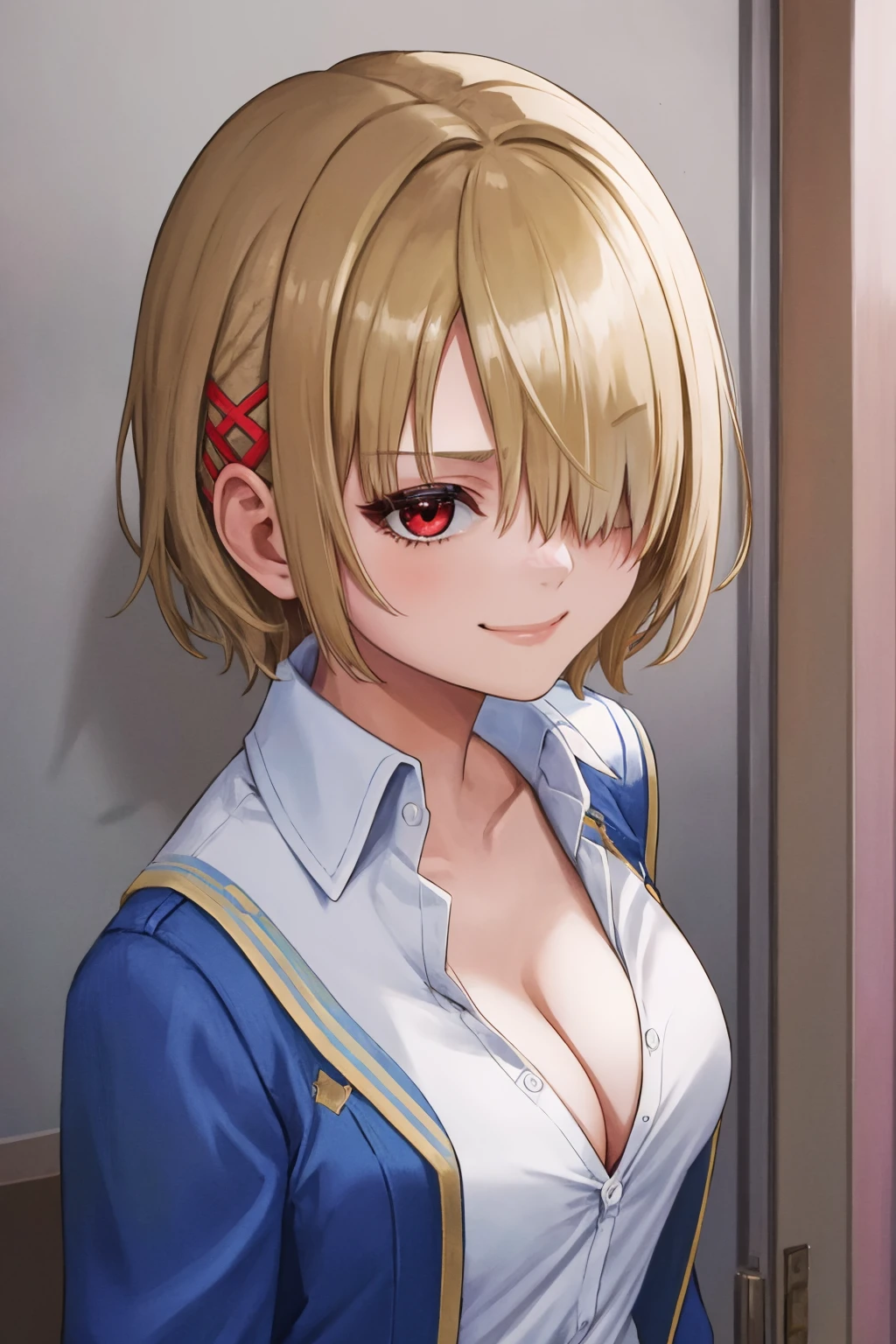 masterpiece, best quality, 1girl, solo, <lora:rukakayamori-hbr-richy-v1:1> ruka, hair clip, hair over one eye, white shirt, partially unbuttoned, downblouse, cleavage, smirk