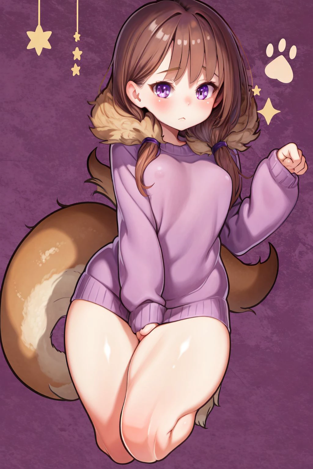 solo, 1girl, whiskers, brown hair, quin tails, beige eyes, purple clothes, paw pose, starry background <lora:Kawakami_Masaki_style_v01.08:1>