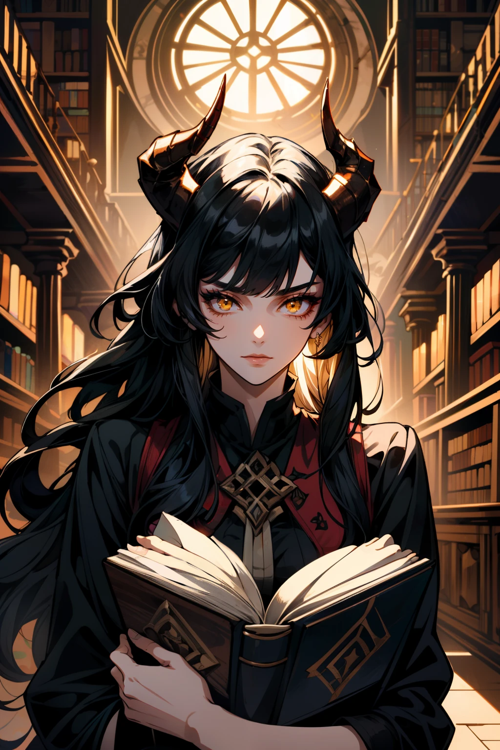 ((ultra detailed, masterpiece, absurdres))
 <lora:TKNEliza:0.9>
TKNEliza, 1girl, solo, black hair, long hair, bangs, demon horns, yellow eyes, Amidst a dense rainforest with exotic flowers, leaning forward with hands on knees